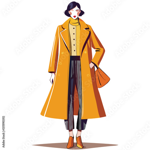 Create a stylish vector illustration of a long, flowing mustard yellow dress, emphasizing elegant folds and texture.  Include detailed design elements.