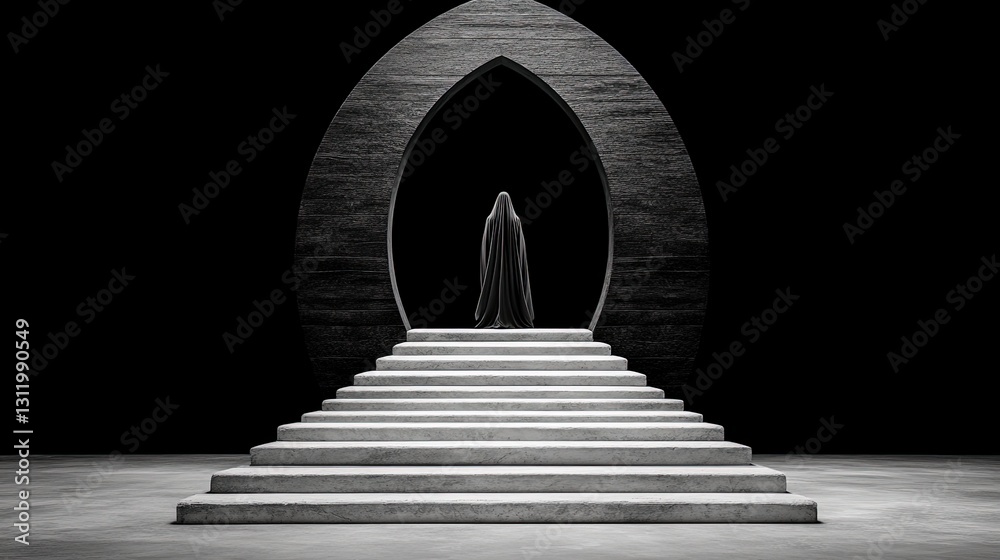 Fototapeta premium Mysterious Figure in Dark Space with Archway and Steps Leading to an Unknown Destination