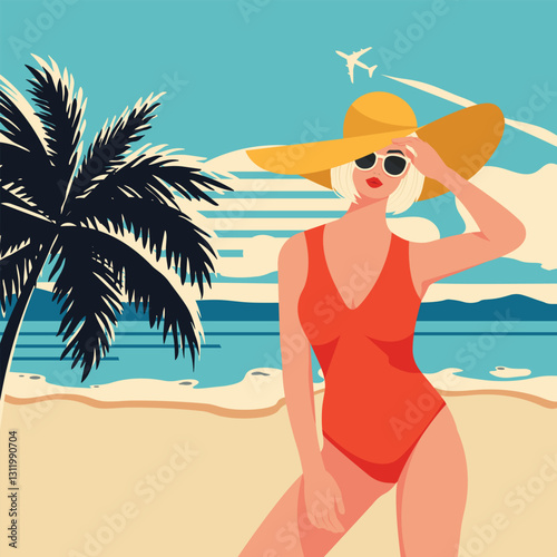 Poster In Retro Style Girl On The Beach. Illustration of Woman in red swimsuit with sunglasses. Vector