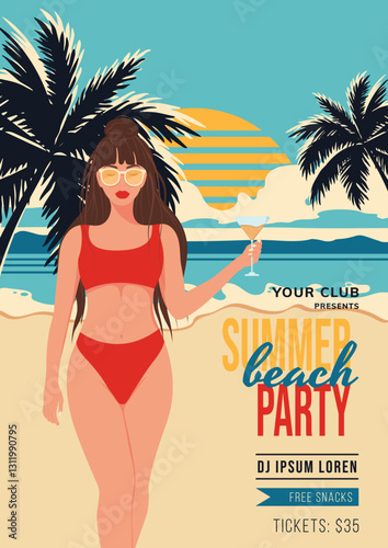 Retro style beach party invitation. Illustration of a girl in a swimsuit with a glass of cocktail. Beach holiday, travel, vacation in hot countries. Vector