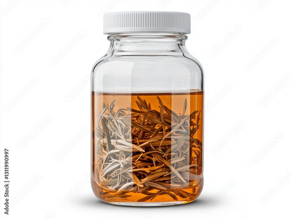 Discover the serene world of herbal infusions with our captivating image showcasing a meticulously crafted tea blend within a clear glass jar, filled with amber liquid, capturing the essence of Discover the serene world of herbal infusions with our captivating image showcasing a meticulously crafted tea blend within a clear glass jar, filled with amber liquid, capturing the essence of