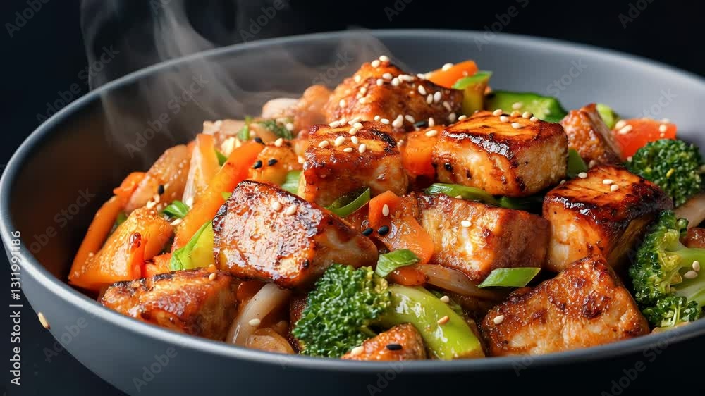Asian vegetable wok with crispy tofu in teriyaki sauce, garnished with sesame seeds. Bright fresh vegetables: broccoli, peppers, carrots. Healthy and tasty vegetarian dish, served in a dark stylish pl