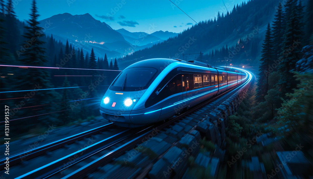 Obraz premium High-speed futuristic train traveling at night