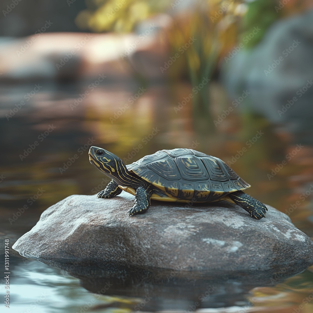 A small domestic turtle resting on a smooth rock near a shallow pond. A small domestic turtle resting on a smooth rock near a shallow pond.