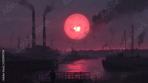 Wallpaper Mural Person watches smokestacks on the river at sunset, symbolizing pollution on the water Torontodigital.ca