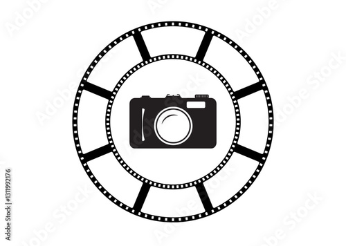 Vintage style photo camera icon with circle 8 frames fim reel vector design. Analog retro camera to use for photography, photo frame, cinema, photography competition projects.