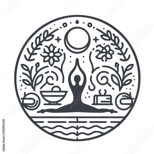 Individual practicing yoga with props in a harmonious setting, surrounded by flowers and natural elements