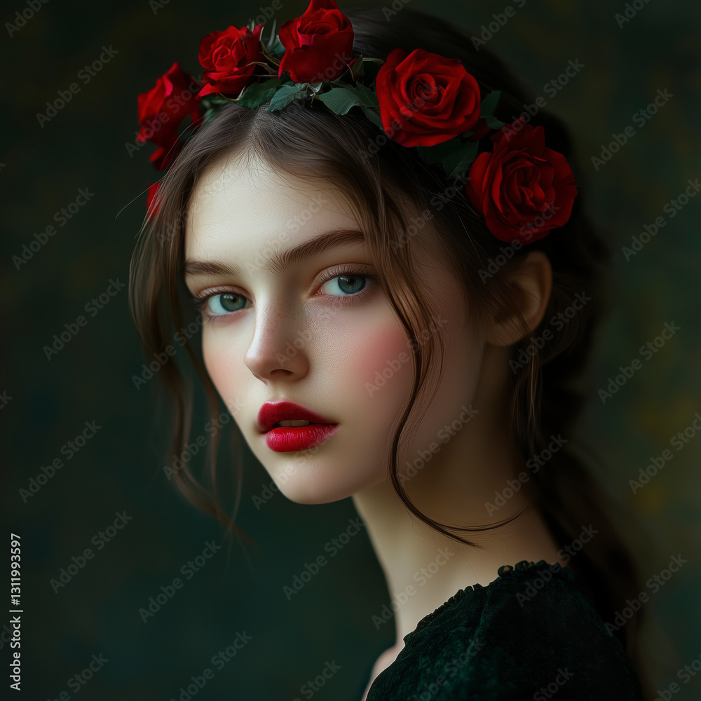 Naklejka premium Ethereal Portrait of a Young Woman with Red Floral Headpiece