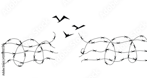 Broken Barbed Wire with Birds. Concept of freedom and captivity concept vector art