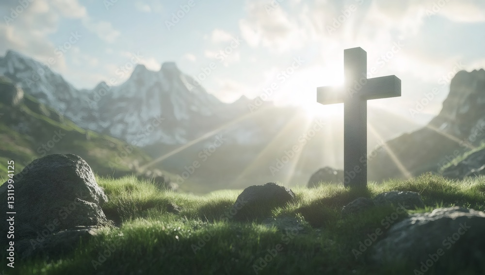 Celestial Cross: A weathered stone cross stands majestically atop a verdant hill, basking in the radiant sun of a crisp, cloud-dappled sky. The cross symbolizes faith, hope. Celestial Cross: A weathered stone cross stands majestically atop a verdant hill, basking in the radiant sun of a crisp, cloud-dappled sky. The cross symbolizes faith, hope.