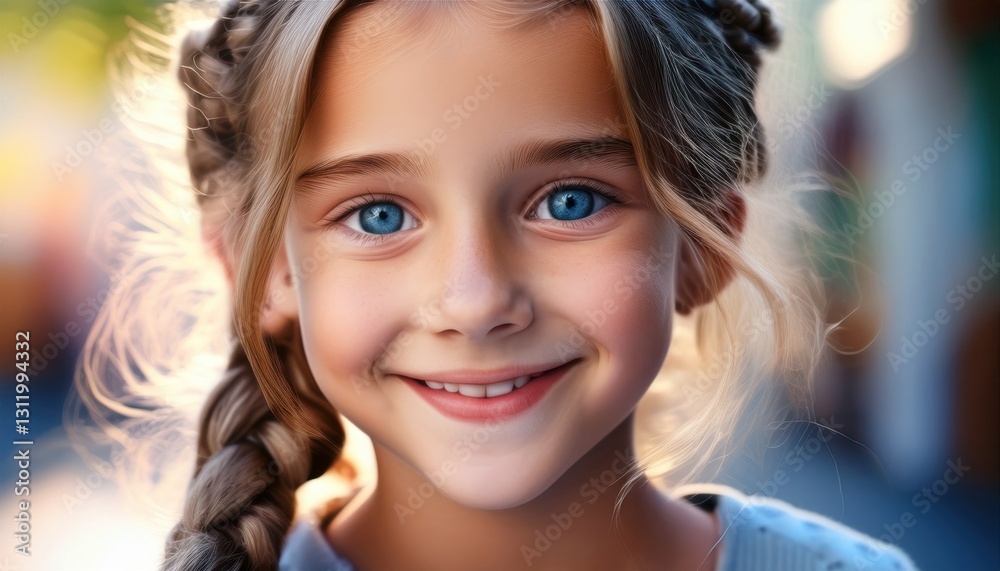 Fototapeta premium A young girl smiles brightly with braided hair and blue eyes reflecting her colorful surroundings.