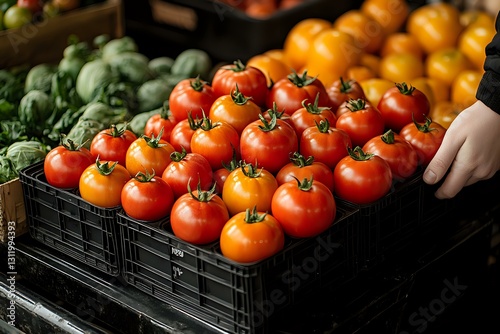 Fototapeta Naklejka Na Ścianę i Meble -  Fresh ripe tomatoes in black plastic crate at farmers market display. Vibrant red produce with green stems arranged neatly for retail sale with other vegetables.
