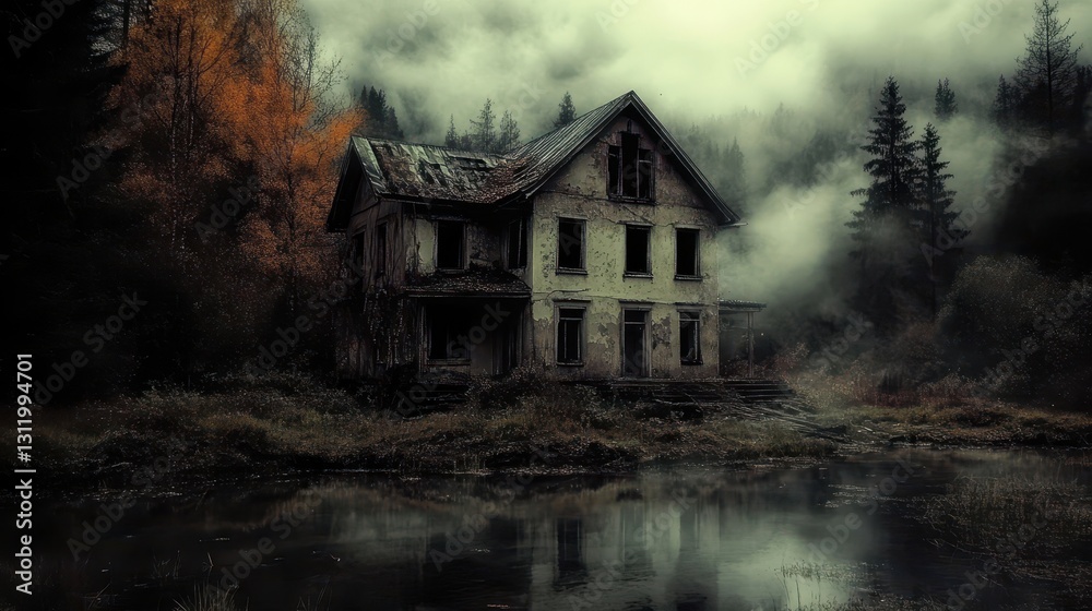Abandoned house derelict wilderness concept. A haunting, abandoned house sits by a foggy lake, surrounded by trees and autumn foliage, evoking a sense of mystery and decay. Abandoned house derelict wilderness concept. A haunting, abandoned house sits by a foggy lake, surrounded by trees and autumn foliage, evoking a sense of mystery and decay.