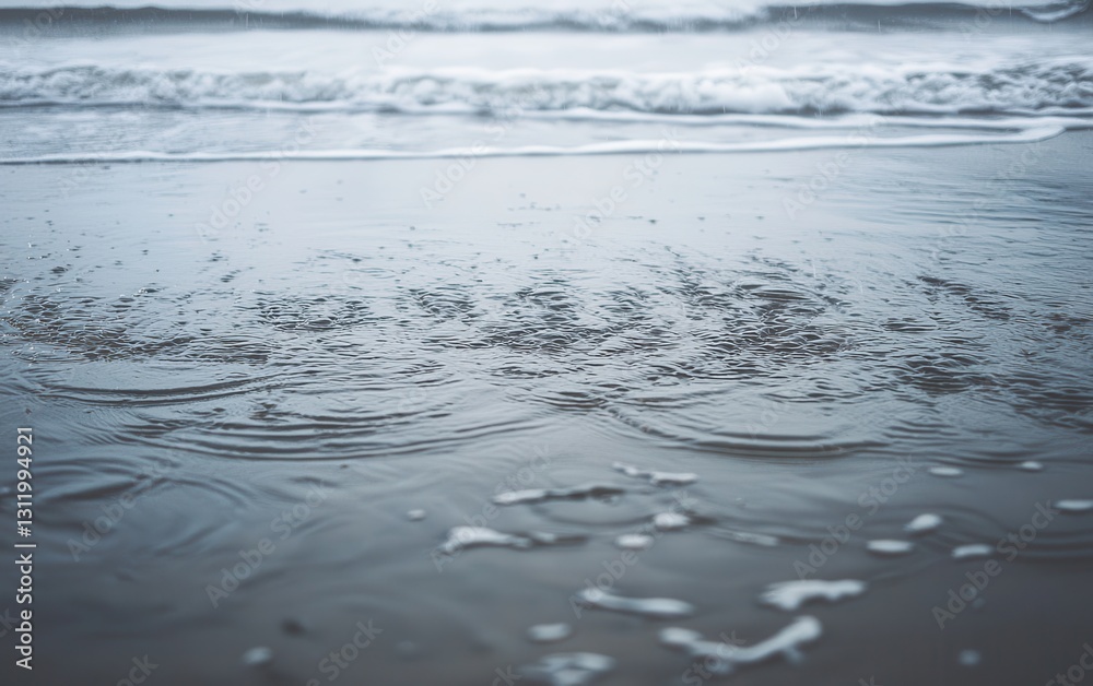 A serene beach scene with gentle rain falling on the water and sand, creating ripples A serene beach scene with gentle rain falling on the water and sand, creating ripples