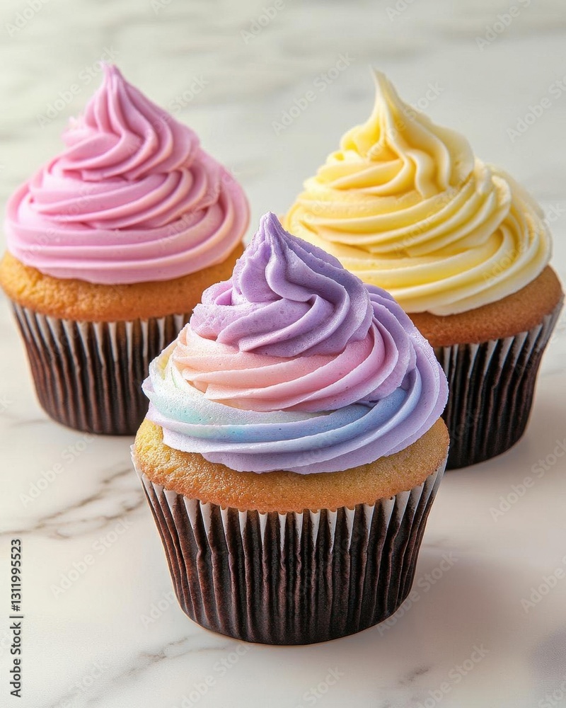 Whimsical Rainbow Cupcake Collection with Swirled Buttercream Frosting and Sprinkles on Marble Display Whimsical Rainbow Cupcake Collection with Swirled Buttercream Frosting and Sprinkles on Marble Display
