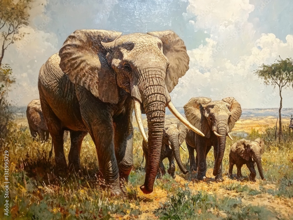 Fototapeta premium Elephant family standing close in African savanna, symbolizing wildlife conservation