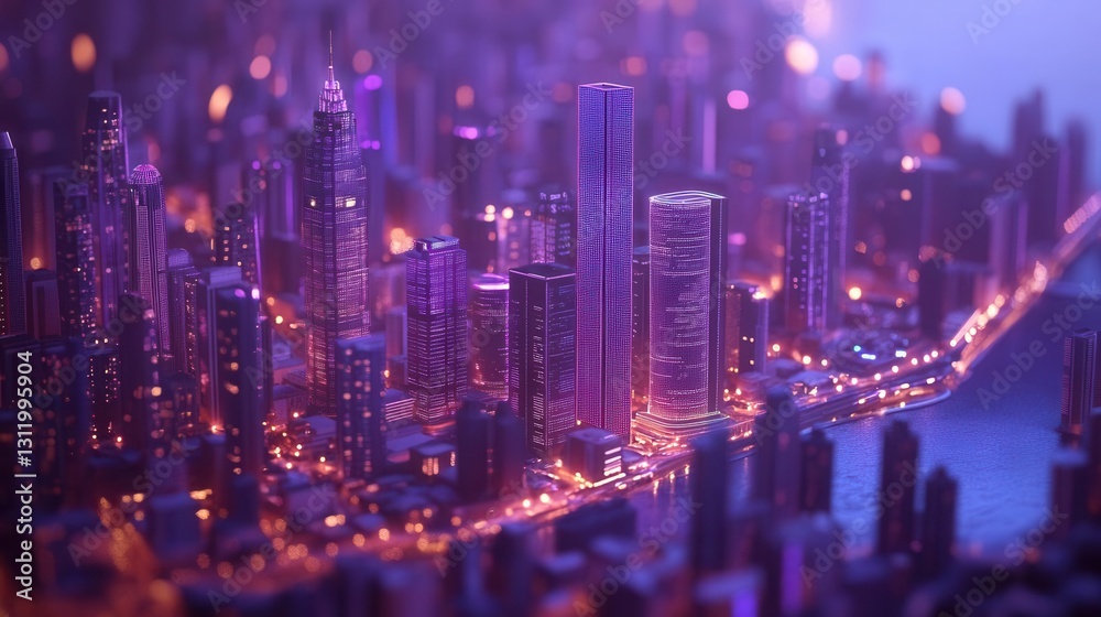Obraz premium Futuristic Digital Twin Smart City Visualization with Neural Networks and Holographic Data Streams in Deep Blue and Purple Tones