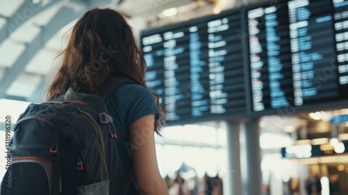 A young female traveler checking flight information