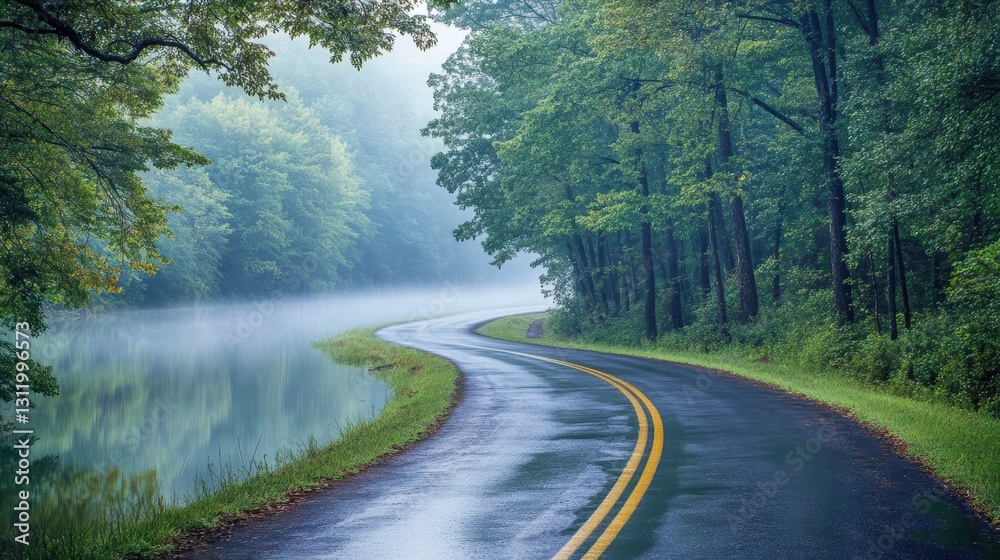scenic highway winding through misty forest by lake scenic highway winding through misty forest by lake