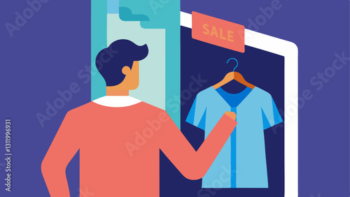 Wardrobe Upgrade A closeup of a person adjusting a new shirt in front of a mirror complemented by Season End Sale graphics in the backdrop.