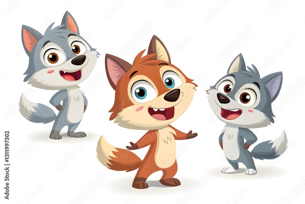 Obraz premium Cute 3D Cartoon Wolf Set – Joyful and Friendly Wolves on White Background