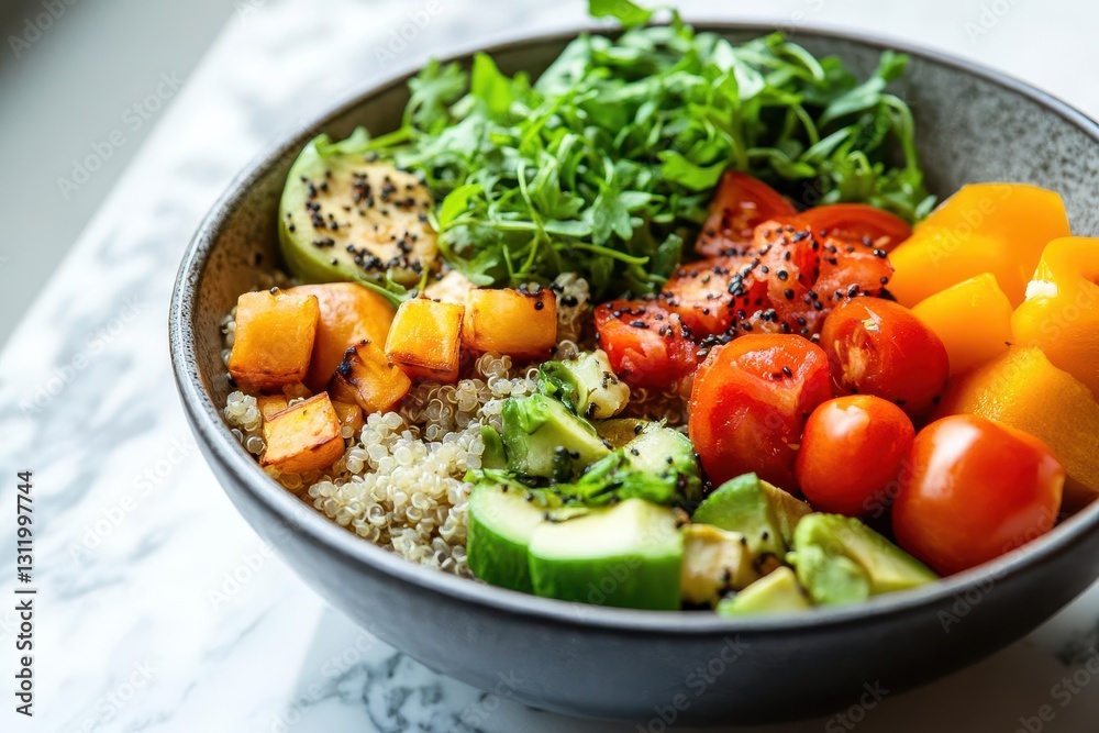Fresh Mediterranean Bowl with Colorful Vegetables Quinoa and Avocado on Marble Background Perfect for Healthy Lifestyle Fresh Mediterranean Bowl with Colorful Vegetables Quinoa and Avocado on Marble Background Perfect for Healthy Lifestyle