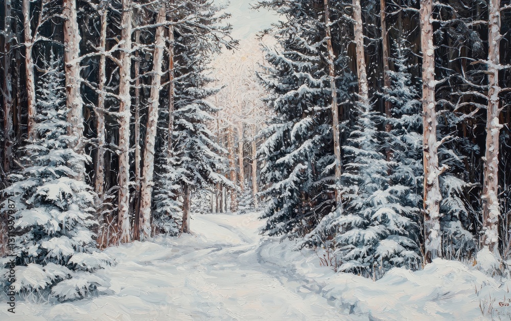 Fototapeta premium A snow-covered forest with tall, slender pine trees and a soft, powdery blanket of snow