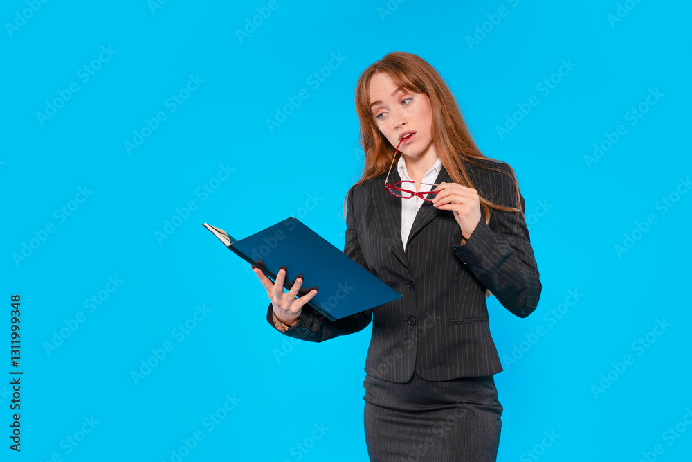 Businesswoman reviewing documents with a thoughtful expression against a bright blue background in a modern office setting Businesswoman reviewing documents with a thoughtful expression against a bright blue background in a modern office setting