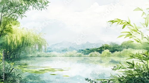Serene lakeside watercolor painting with lush greenery and mountain backdrop