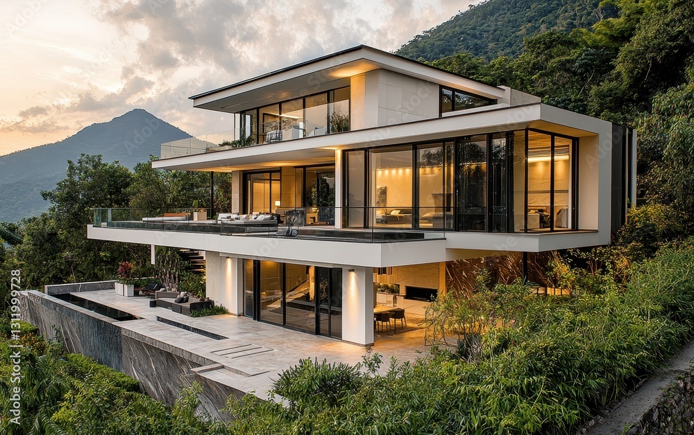 A stunning modern mansion with a spacious exterior, lush greenery surrounding the house, and a clear view of a nearby mountain range A stunning modern mansion with a spacious exterior, lush greenery surrounding the house, and a clear view of a nearby mountain range