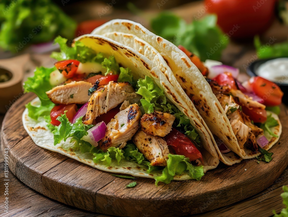 Gourmet Street Style Chicken Tacos with Fresh Vegetables and Authentic Mexican Garnishes on Rustic Wooden Background Gourmet Street Style Chicken Tacos with Fresh Vegetables and Authentic Mexican Garnishes on Rustic Wooden Background
