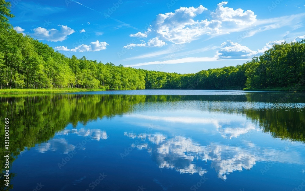 A stunning view of a calm lake reflecting the surrounding trees and a bright blue sky A stunning view of a calm lake reflecting the surrounding trees and a bright blue sky