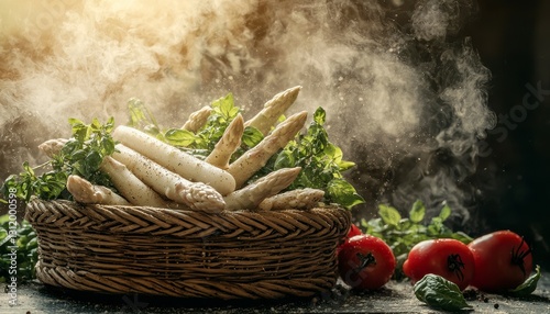 Fresh White Asparagus in Woven Basket with Herbs and Tomatoes A Culinary Delight Experience the vibrant flavors of springtime with this captivating image showcasing the elegance of white asparagus