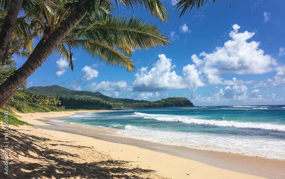 A sunny beach with palm trees, turquoise water, and gentle waves under a bright blue sky A sunny beach with palm trees, turquoise water, and gentle waves under a bright blue sky