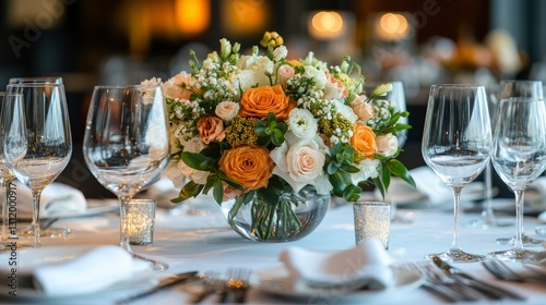 Elegant Wedding Reception Table Setting with Floral Centerpiece