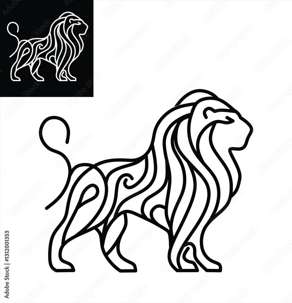 Fototapeta premium Majestic Lion Made with Single Line Art, Vector Illustration in Black and White, Powerful Design Perfect for Logo, Icon, and Modern Graphic Projects