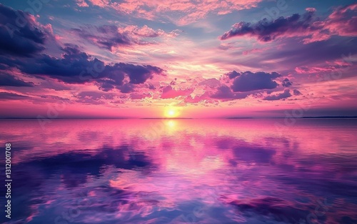 A stunning sunset reflected on a glassy lake, with purple and pink clouds scattered across the sky