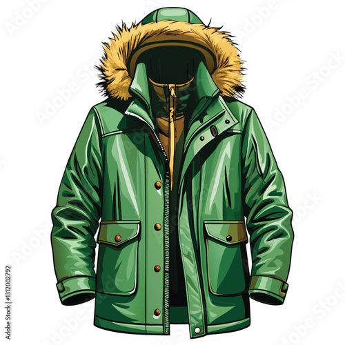 Create a highly realistic vector illustration of a vibrant green parka jacket, showcasing detailed stitching and texture.  Include a hood.