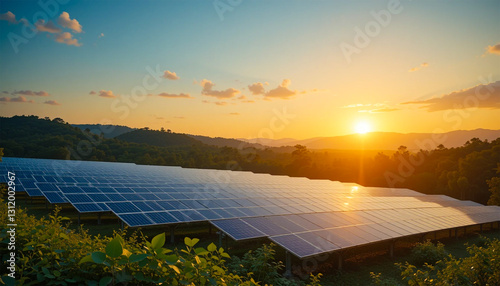 Solar panels in African landscape at sunset