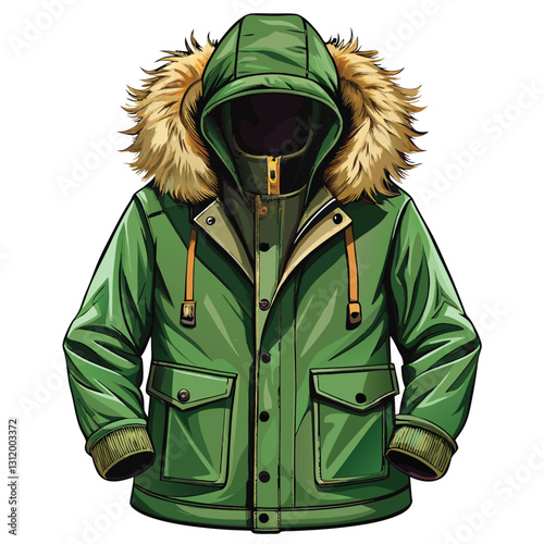 Create a highly realistic vector illustration of a vibrant green parka jacket, showcasing detailed stitching, texture, and realistic folds.  Include zipper and hood details.