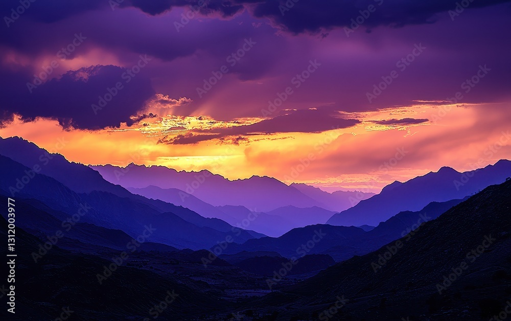 A tranquil sunset in the mountains, with the sky changing from golden to deep purple as night approaches A tranquil sunset in the mountains, with the sky changing from golden to deep purple as night approaches