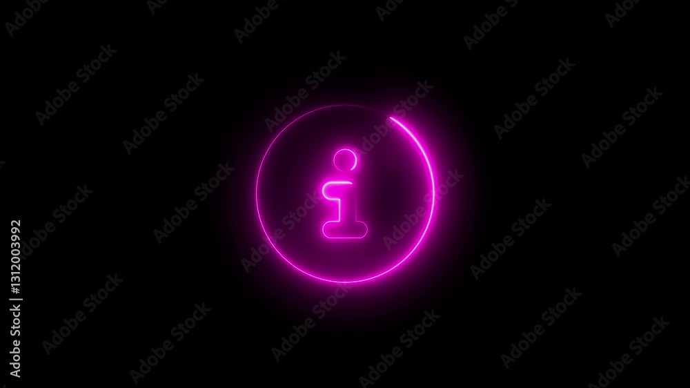 Neon symbol circle info icon pink  color glowing animation with black background