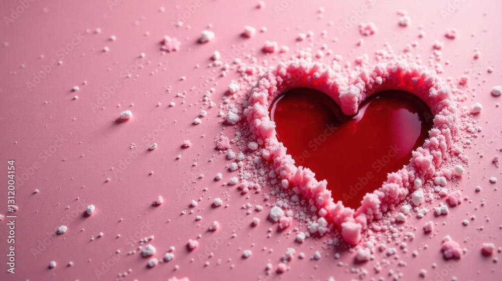 A crimson heart shaped confection nestled within a delicate pink sugar crust, adorned with scattered granules on a soft pink surface.