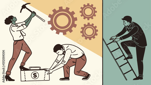 Business process Contemporary art collage made of shots of young men and women managers working hardly isolated over white background