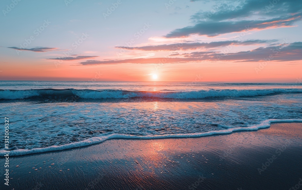 Fototapeta premium A tranquil sunset over a calm ocean with soft waves lapping at the shore