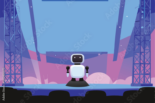 A sleek stage at an AI conference, showcasing futuristic technology displays.  Attendees are subtly visible in the background.