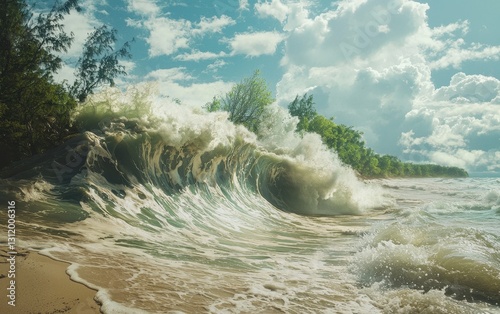 A tsunami overtaking a beach, with the water swallowing the sand and reaching the trees
