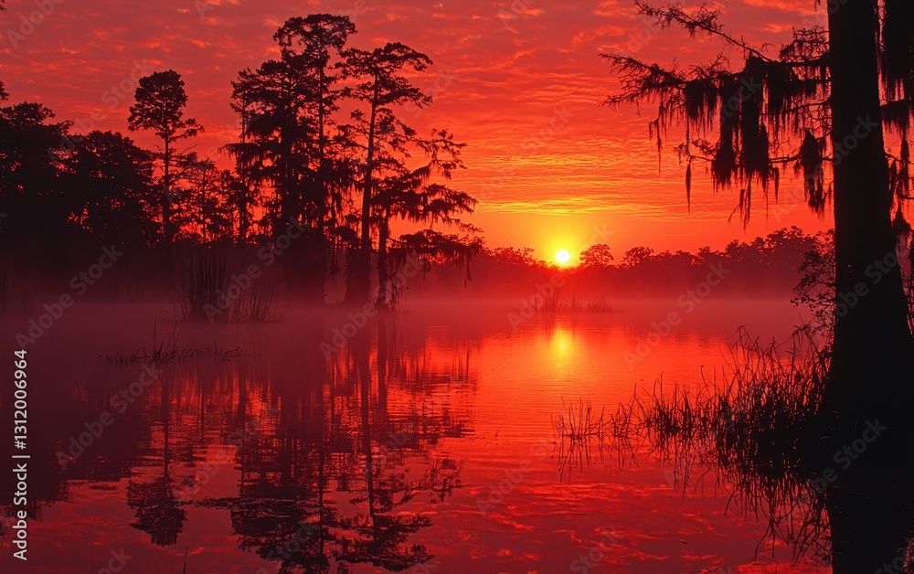 Obraz premium A vibrant red-orange sunrise reflecting on a calm lake, surrounded by tall trees and soft fog