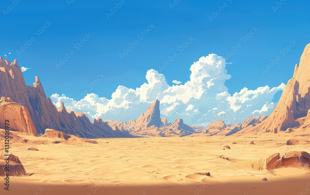 Naklejka premium A vast, empty desert landscape with towering sand dunes and a brilliant blue sky above