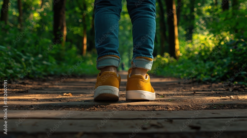 Person standing on a forest path, legs and shoes only visible. Person standing on a forest path, legs and shoes only visible.